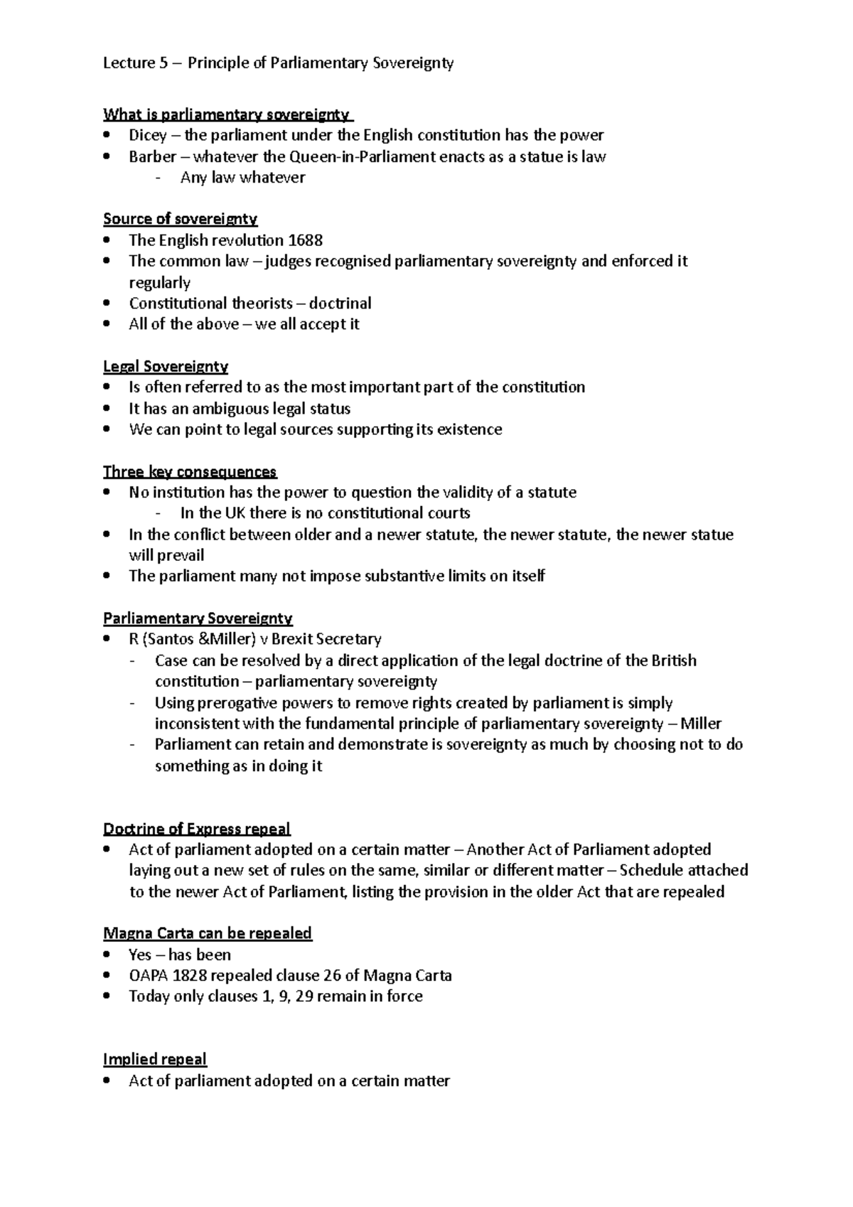 Lecture 5 - Parliamentary Sovereignty - Lecture 5 – Principle of ...