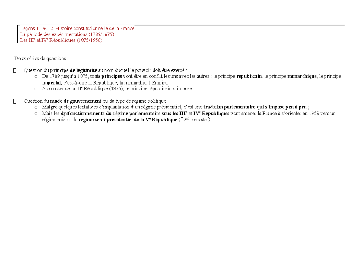 Support CM Leçon 11 - Histoire constitutionnelle de la France I - 1789
