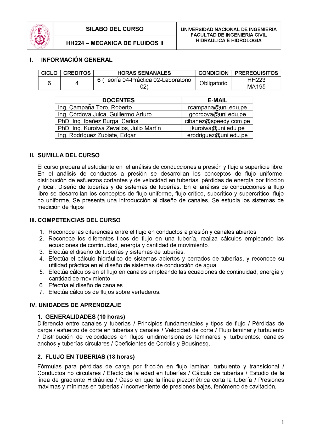 Silabo De Mecánica De Fluidos II - 1 I. INFORMACIÓN GENERAL CICLO ...