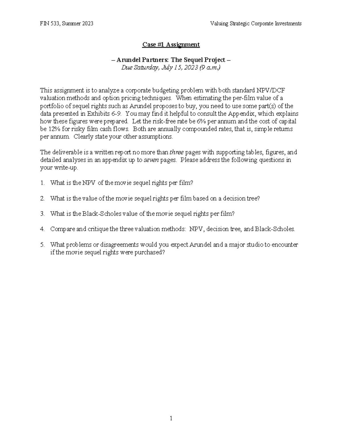 FIN533 Case 1 Assignment SU23 - FIN 533, Summer 2023 Valuing Strategic ...