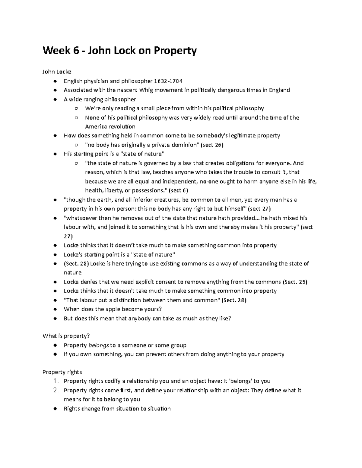 PHIL 111 Week 6 Notes - Week 6 - John Lock on Property John Locke ...