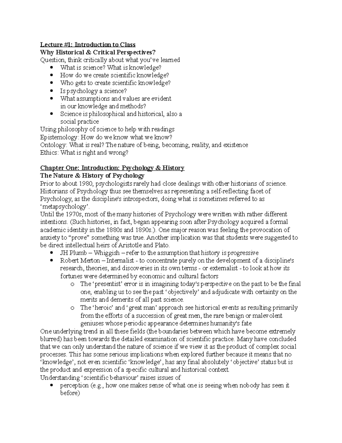 Historical Notes Lecture 1 Introduction to Class Why Historical