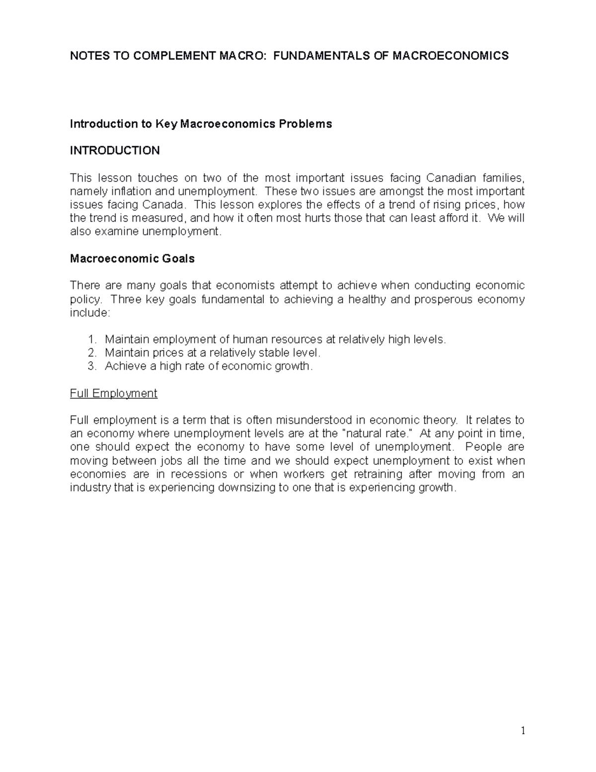 Wrap up Notes for first week Introduction to Key Macroeconomics