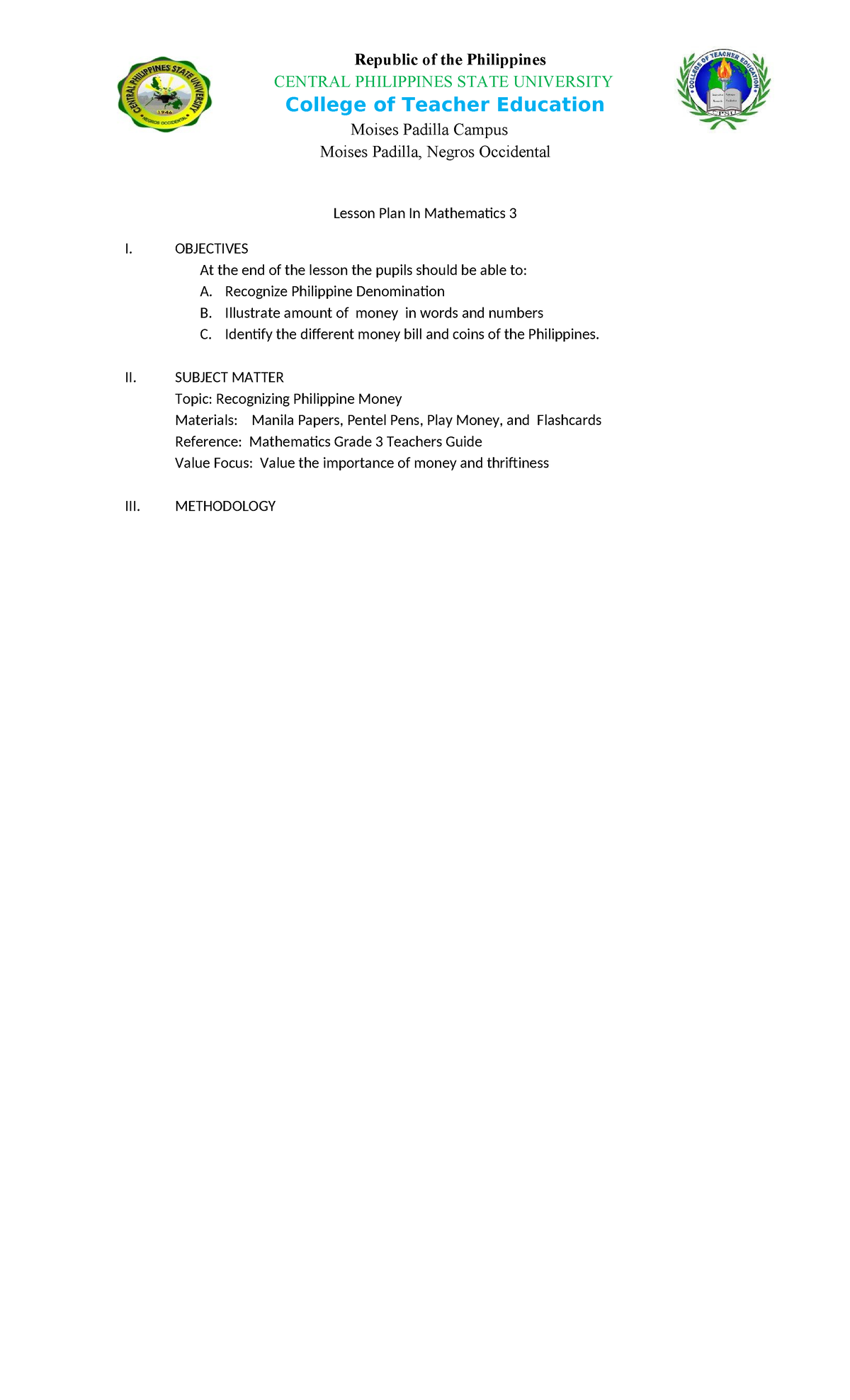 MATH LP Edited - Republic of the Philippines CENTRAL PHILIPPINES STATE ...