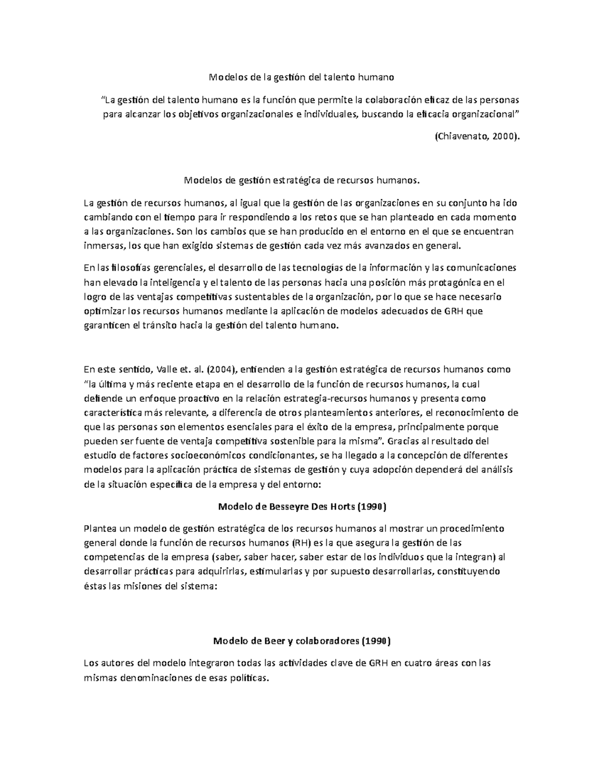 Modelos DE LA Gestion DEL Talento Humano - Modelos de la gestión del  talento humano “La gestión del - Studocu