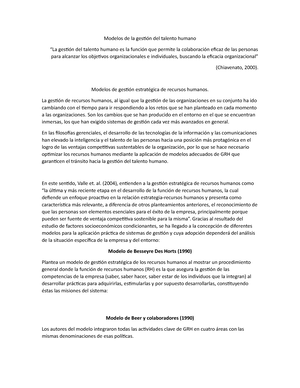 Modelos DE LA Gestion DEL Talento Humano - Modelos de la gestión del  talento humano “La gestión del - Studocu