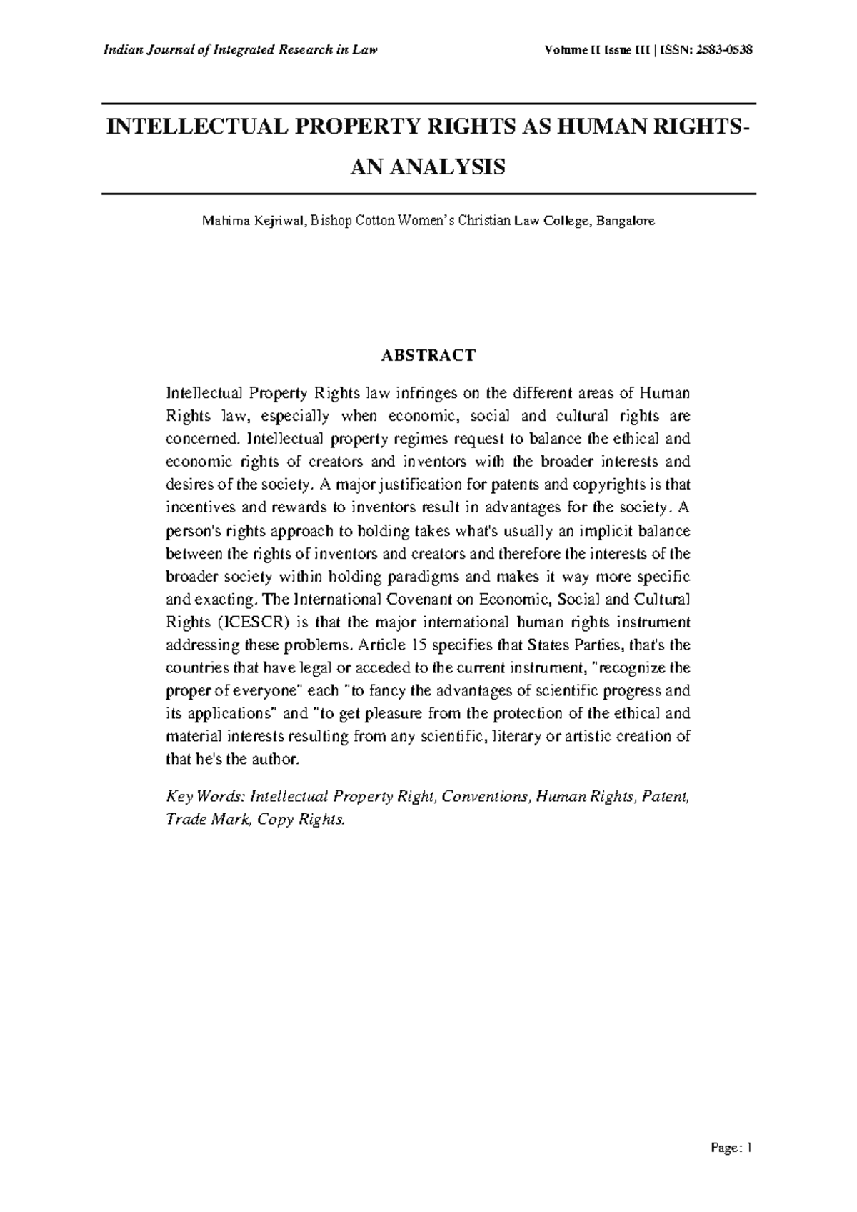 Intellectual Property Rights AS Human Rights AN Analysis - INTELLECTUAL ...