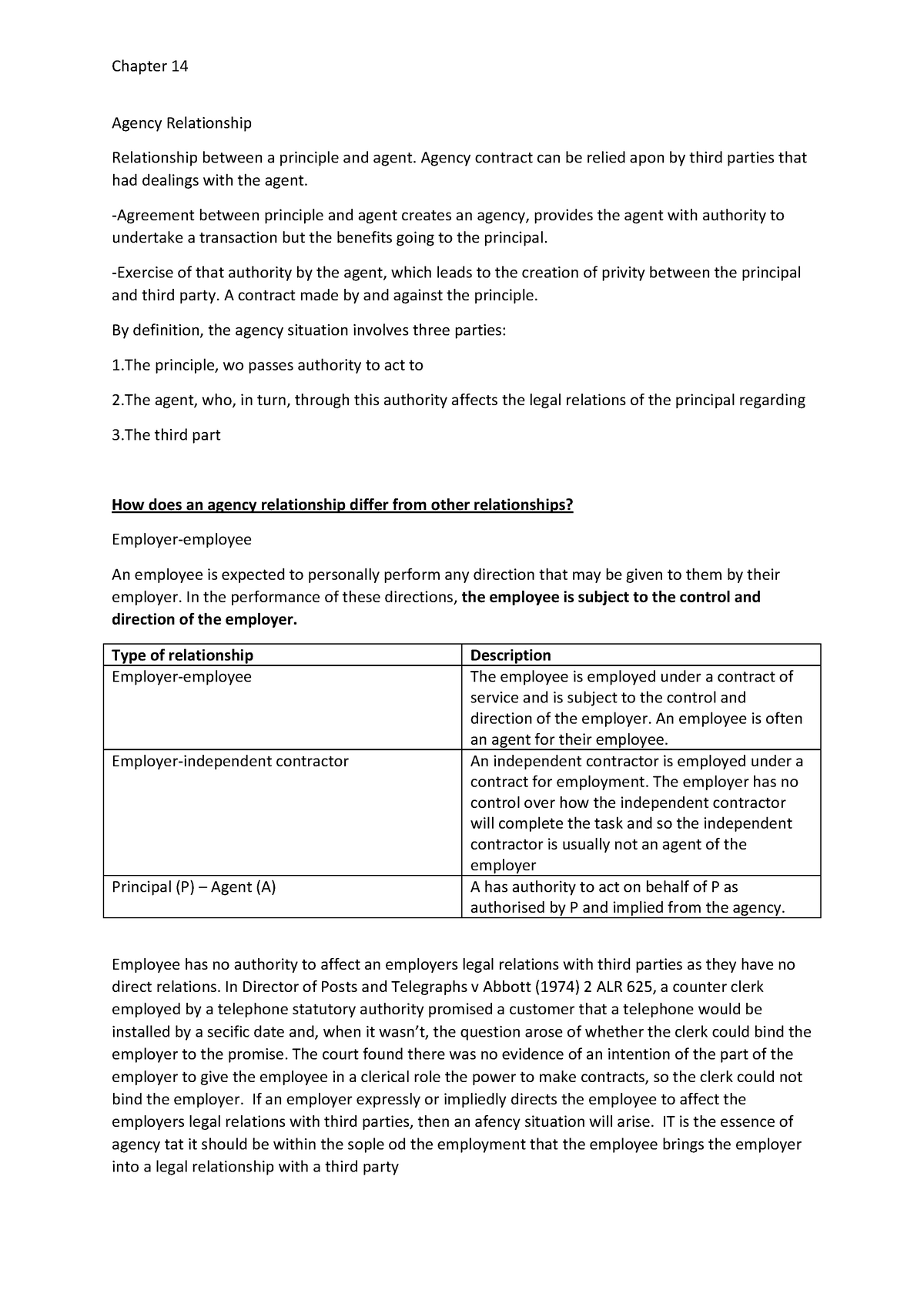 Chapter 14 law enterprise law - Agency Relationship Relationship ...