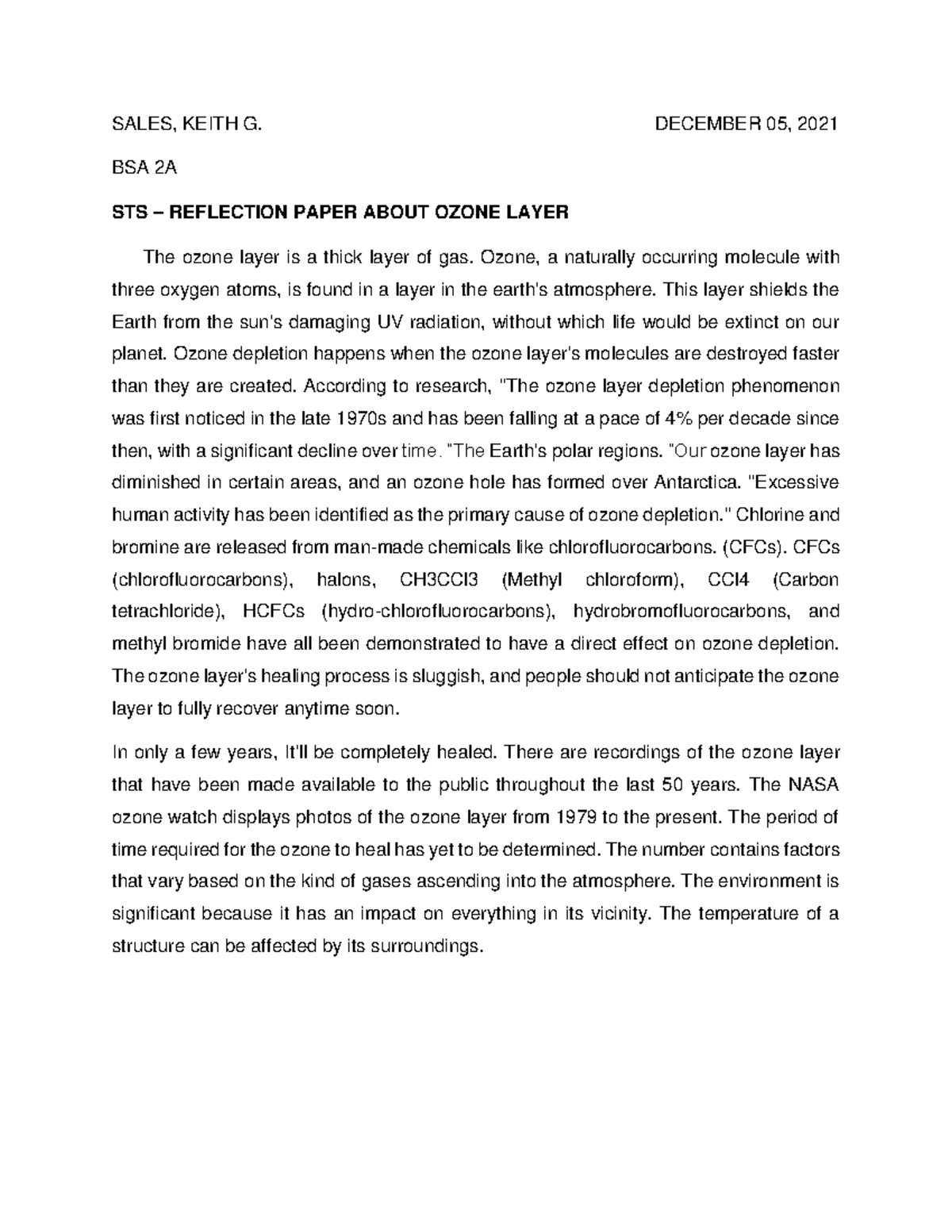 Sales - STS - ozone layer - SALES, KEITH G. DECEMBER 05, 2021 BSA 2A ...