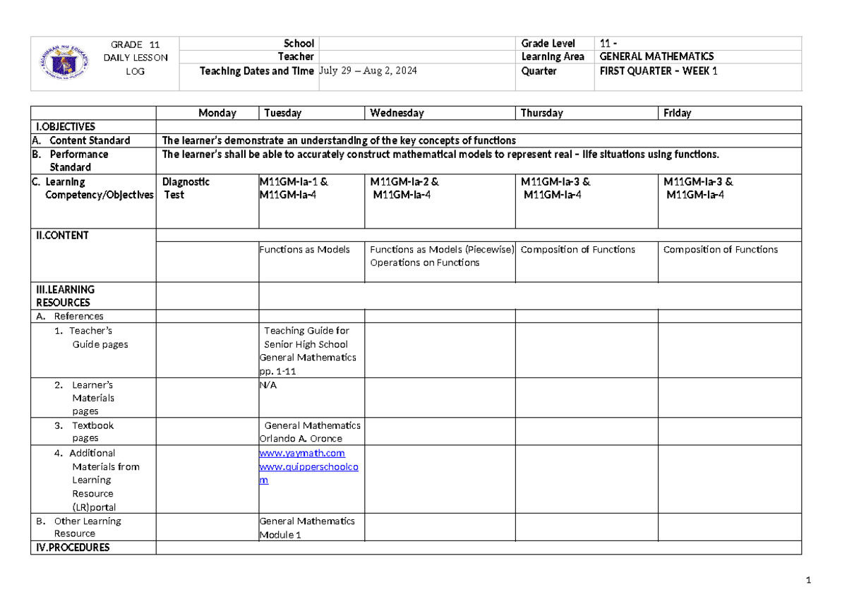 Dllgeneralmathematics 1 GRADE 11 DAILY LESSON LOG School Grade Level 11 Teacher Learning