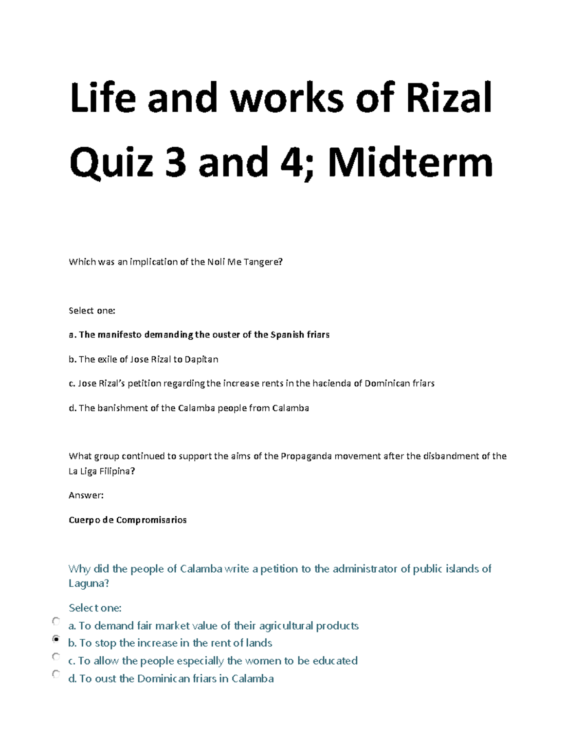 Toaz - Exam - Life And Works Of Rizal Quiz 3 And 4; Midterm Which Was ...