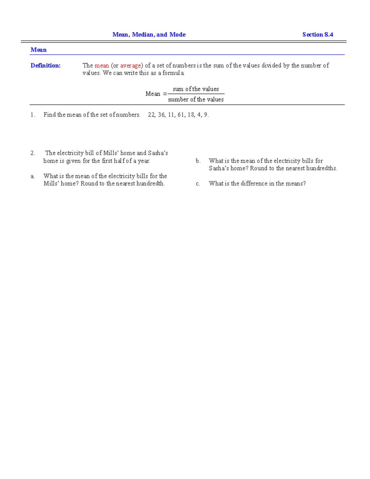 PIA Lecture Notes 8 - Mean, Median, and Mode Section 8 Mean Definition ...