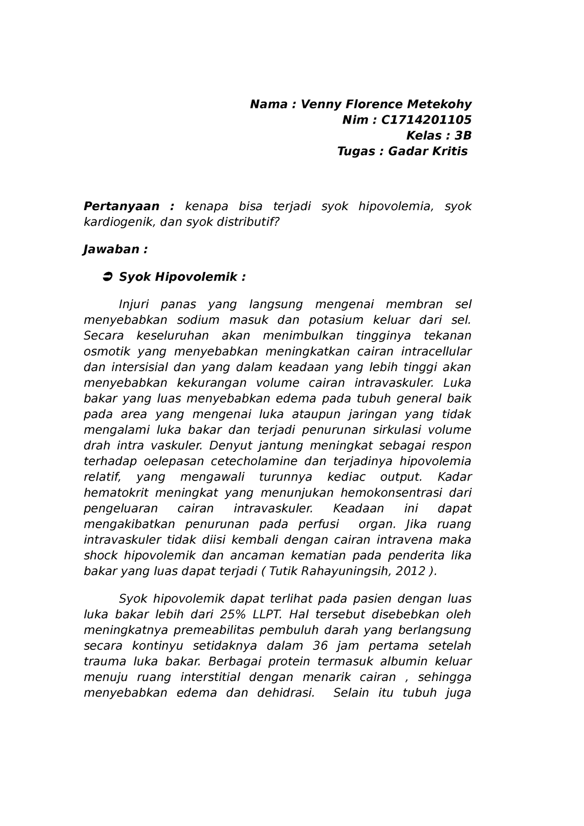 Kompikasi Syok Hipovolemik Kardiogenik Dan Distributif Pada Luka Bakar