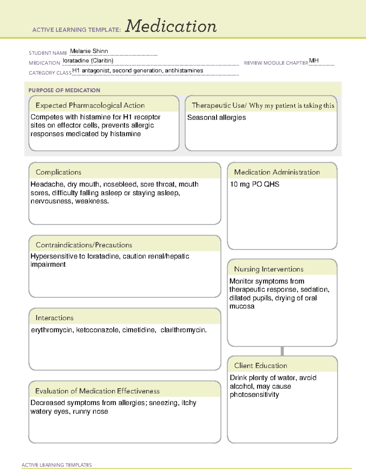 ATI med Claritin - allergies med - ACTIVE LEARNING TEMPLATES Medication ...