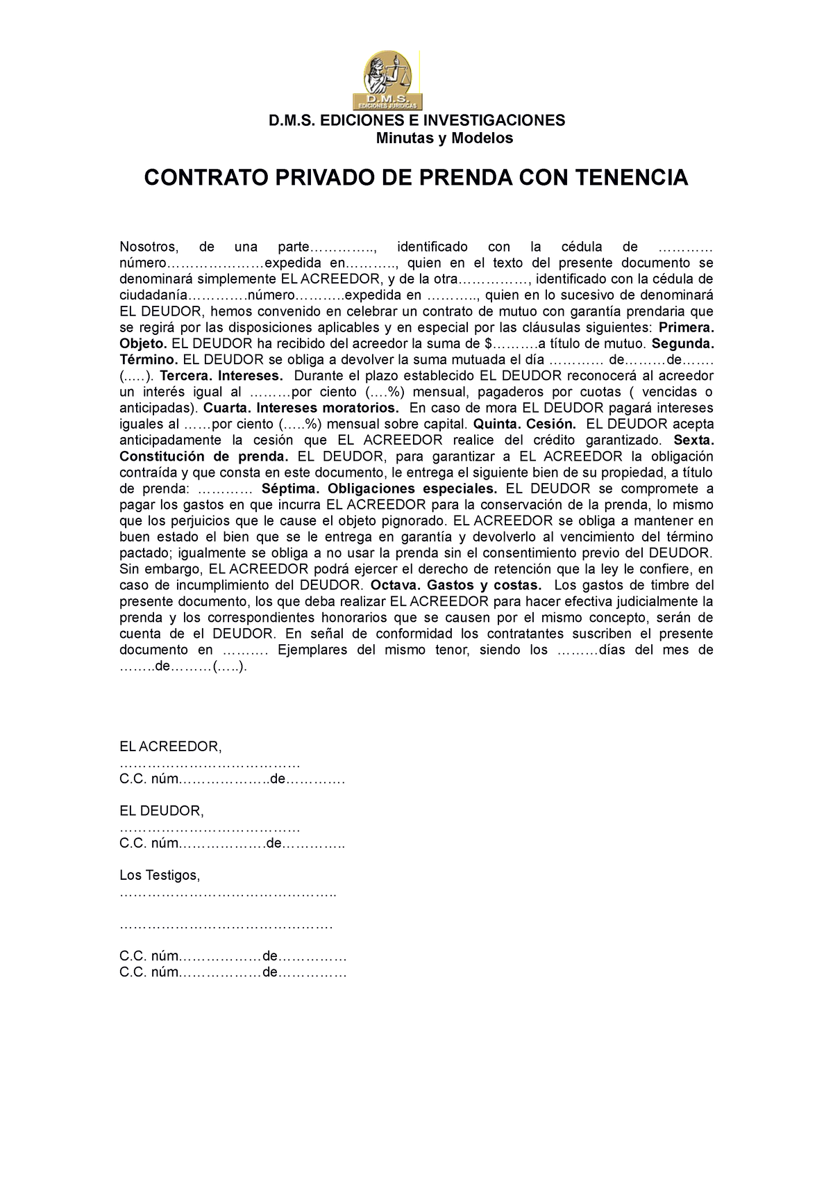 Contrato De Prenda Con Tenencia Dm Ediciones E Investigaciones Minutas Y Modelos Contrato 7870