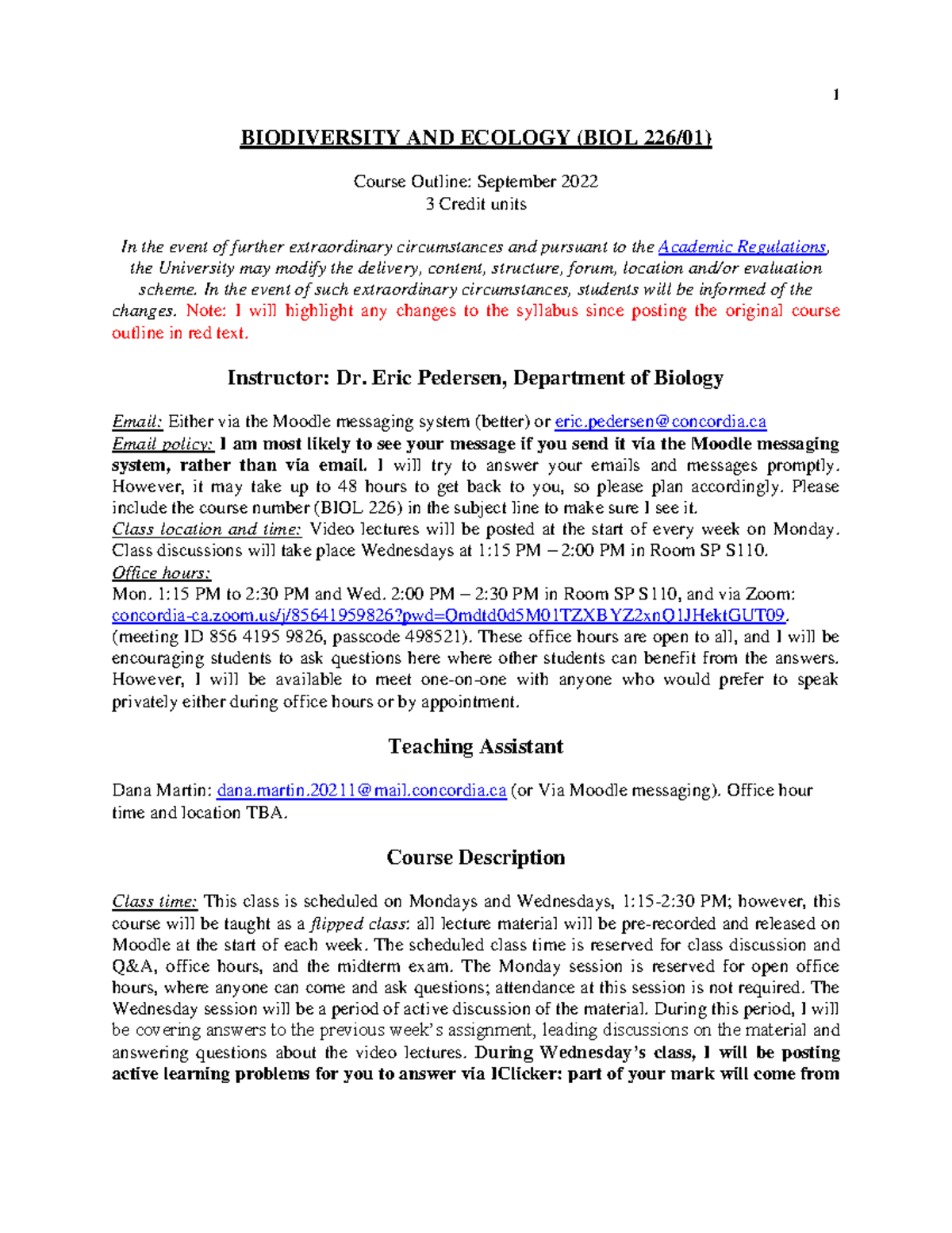 BIOL 226 Course Outline Fall 2022 - BIODIVERSITY AND ECOLOGY (BIOL 226/ ...