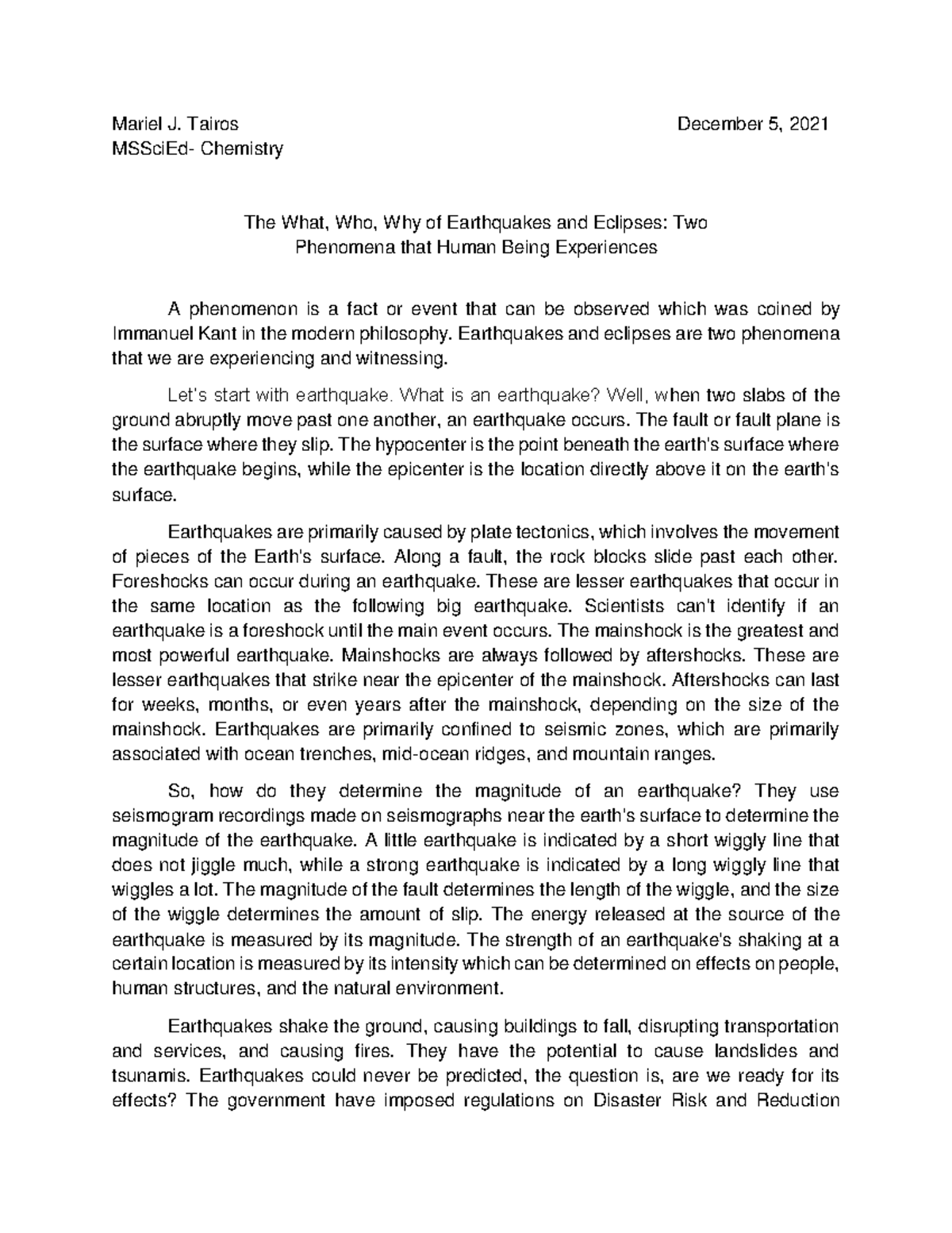 Earthquakes And Eclipse - Mariel J. Tairos December 5, 2021 Msscied 