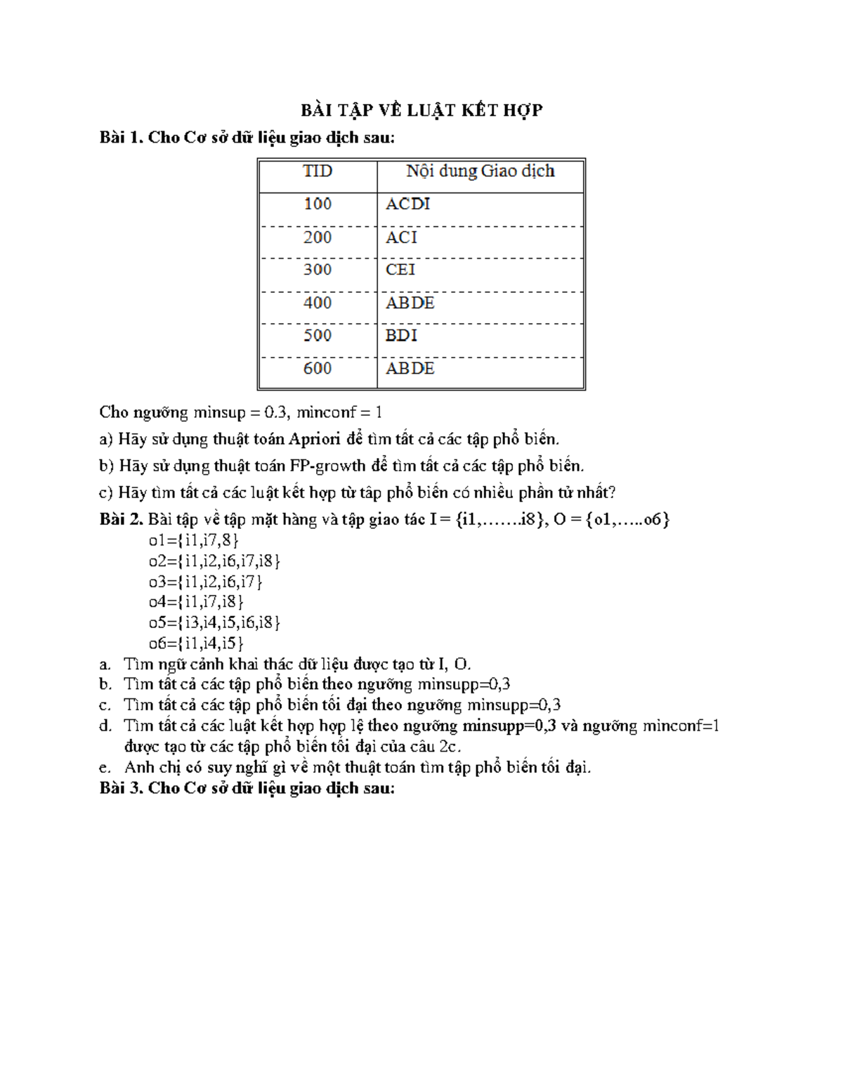 B I T P V Lu T K T H P - Khai Phá Dữ Liệu - BÀI TẬP VỀ LUẬT KẾT HỢP Bài ...