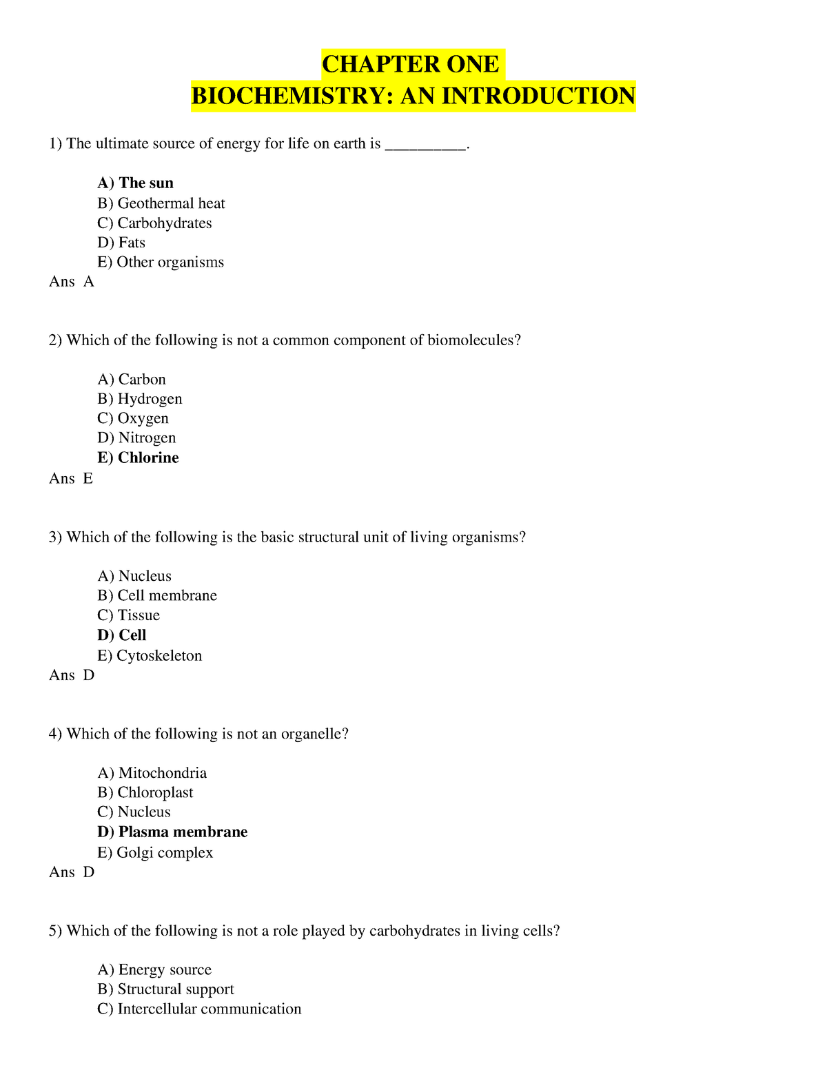 Test Bank 1 For Biochemistry Questions - CHAPTER ONE BIOCHEMISTRY: AN ...