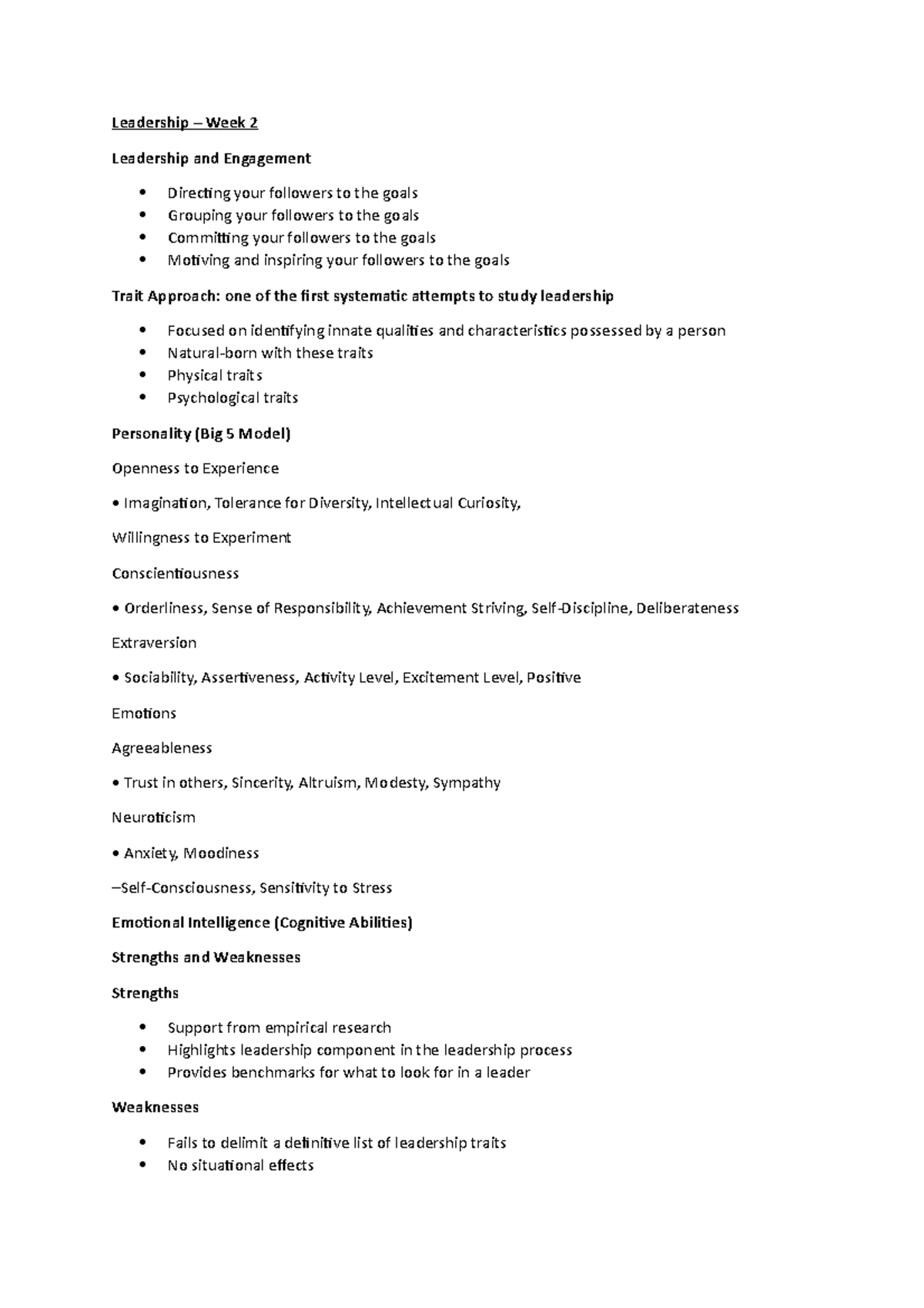 Leadership - Week 2 - Study Notes - Leadership – Week 2 Leadership and ...