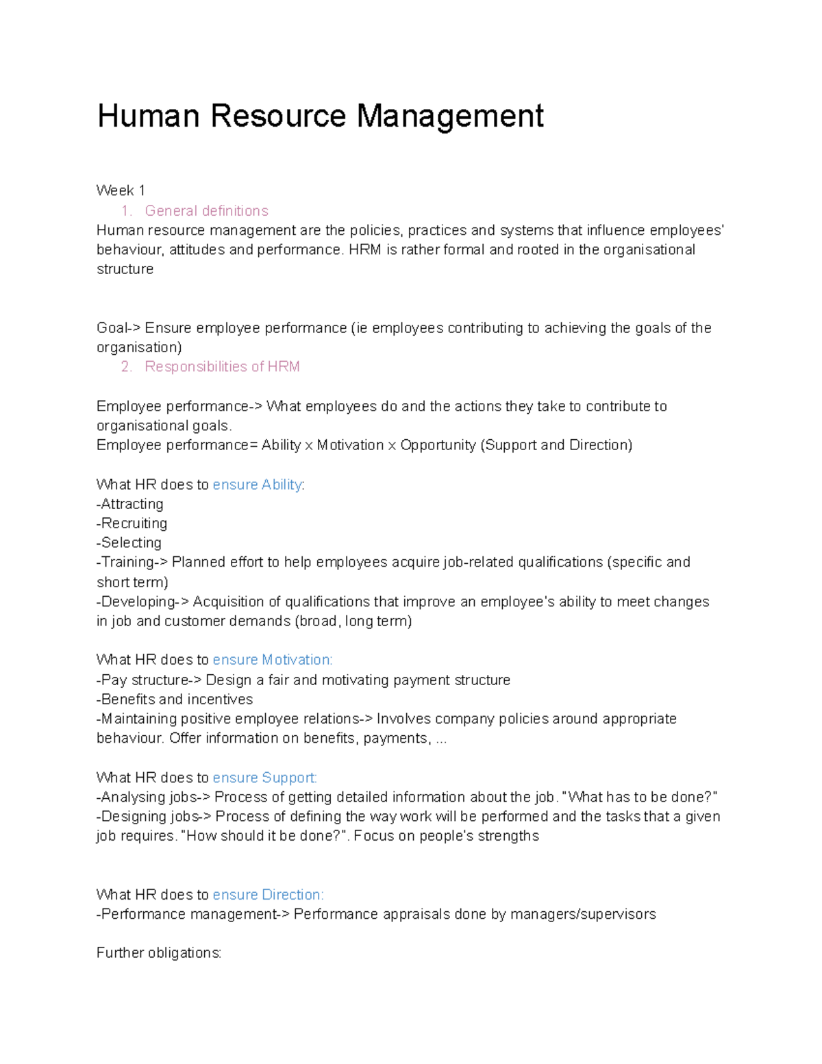 Human Resources Notes Week 1 - Human Resource Management Week 1 1 ...