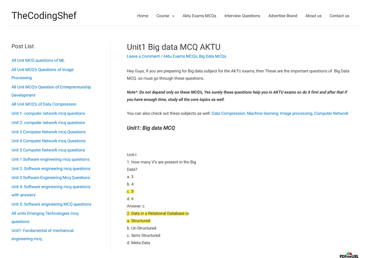 1 - Big_Data_Quiz And Answer - Post List All Unit MCQ Questions Of ML ...