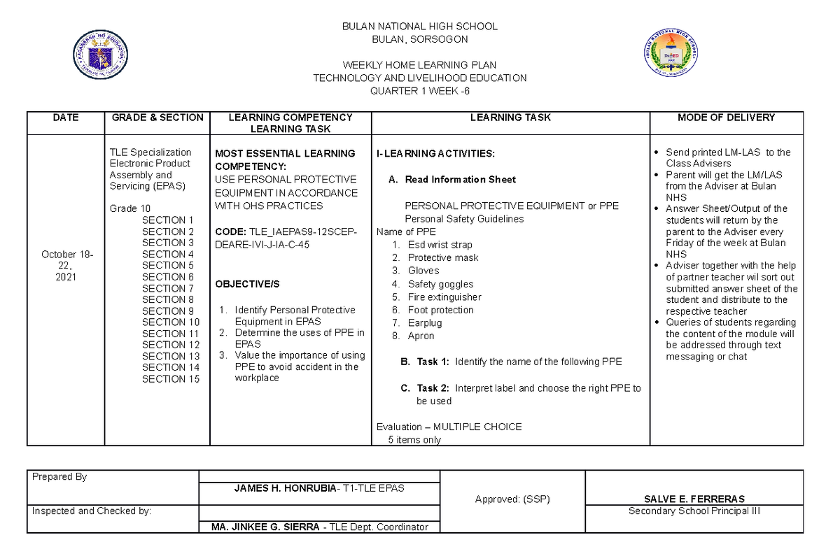 WHLP G1-WEEK 6 - Whlp - BULAN NATIONAL HIGH SCHOOL BULAN, SORSOGON ...