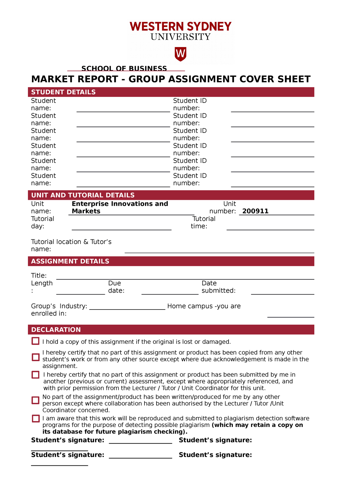 western sydney assignment cover sheet