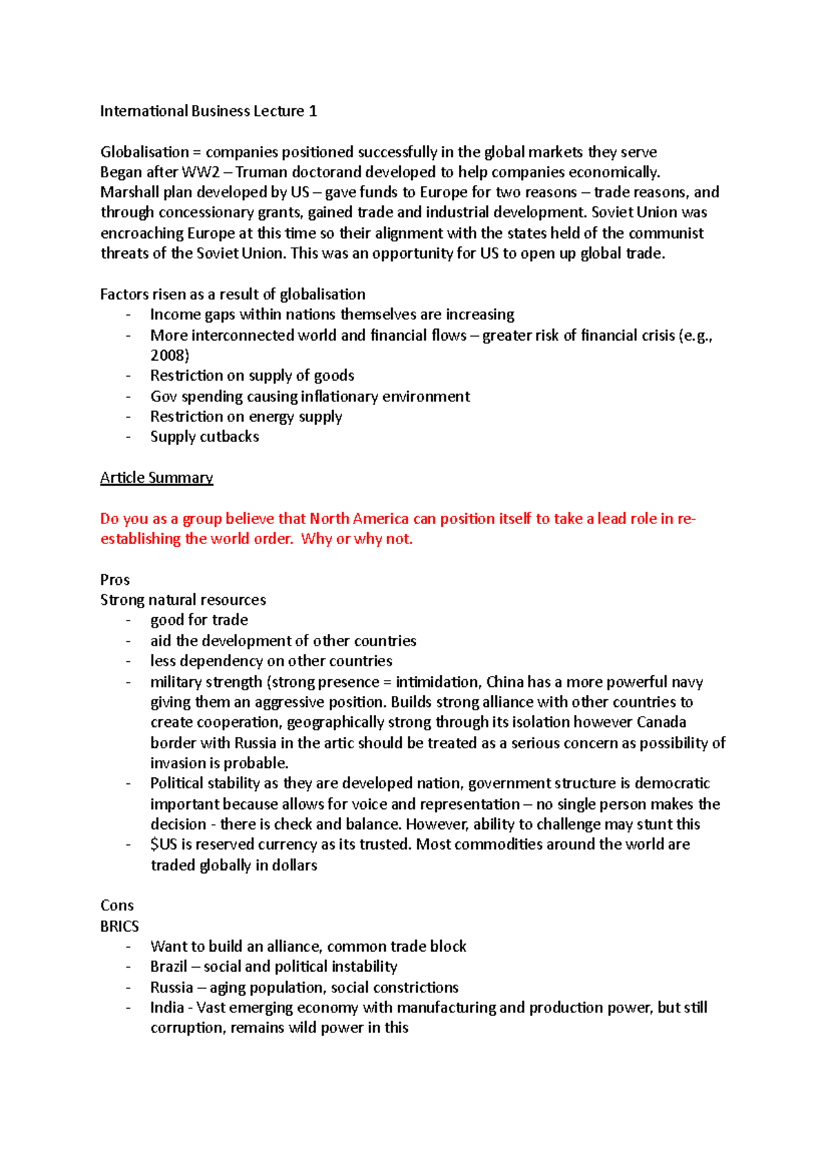 International Business Lecture 1 - Marshall plan developed by US – gave ...