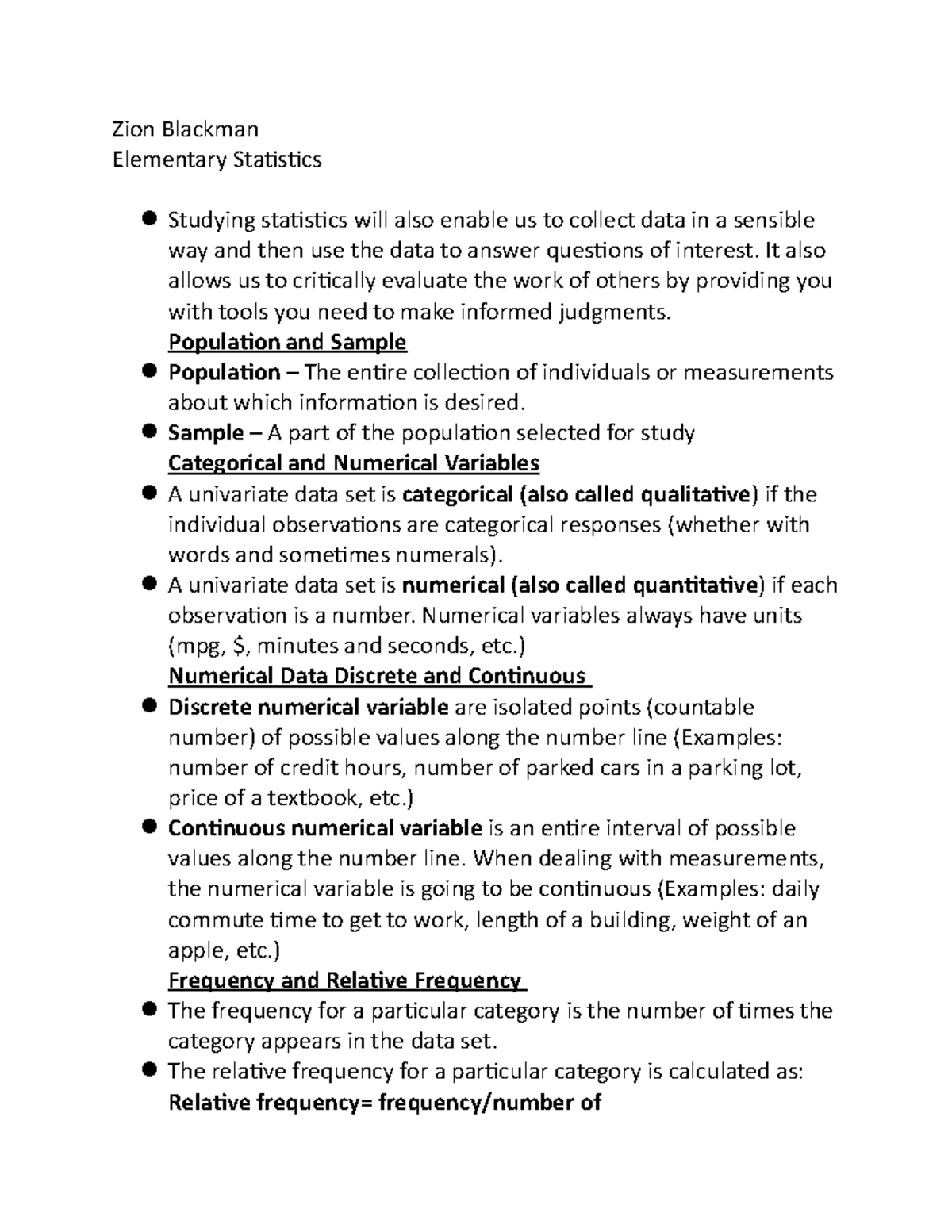 Elementary Statistics Notes - Zion Blackman Elementary Statistics 