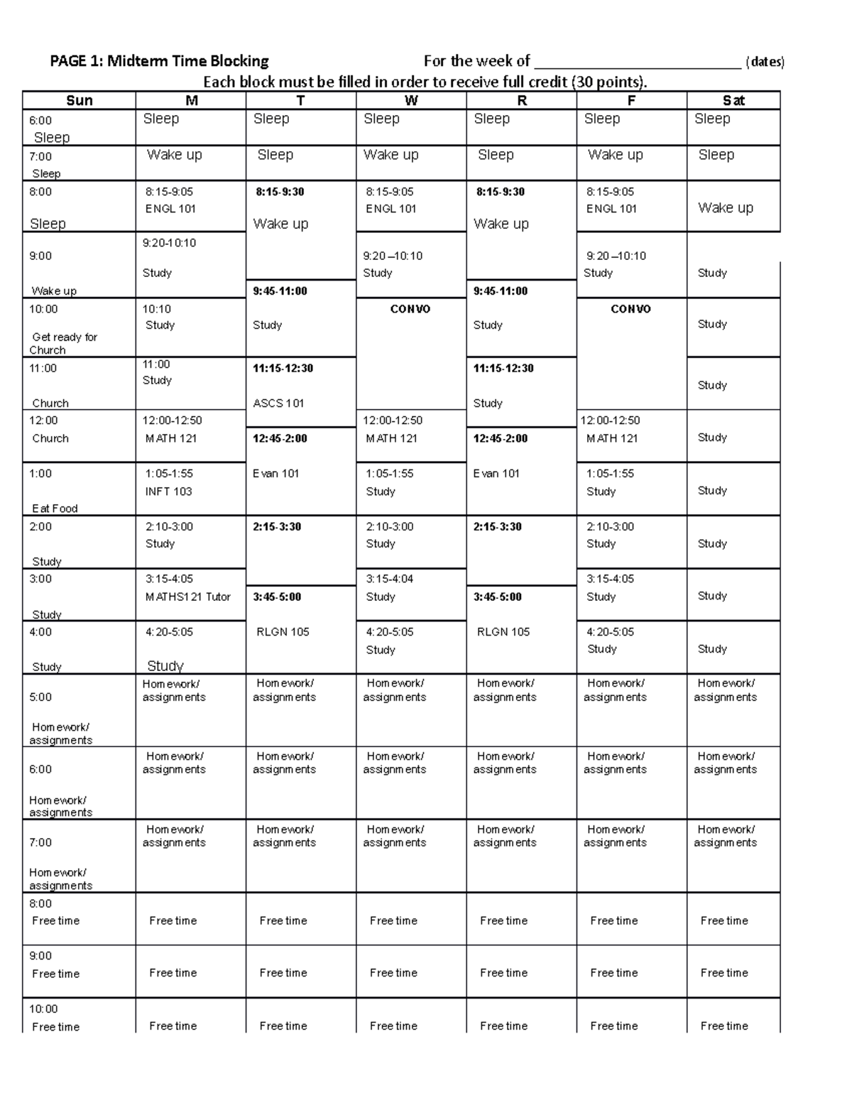 Midterm Time Blocking Assignment F22-1 - PAGE 1: Midterm Time Blocking ...