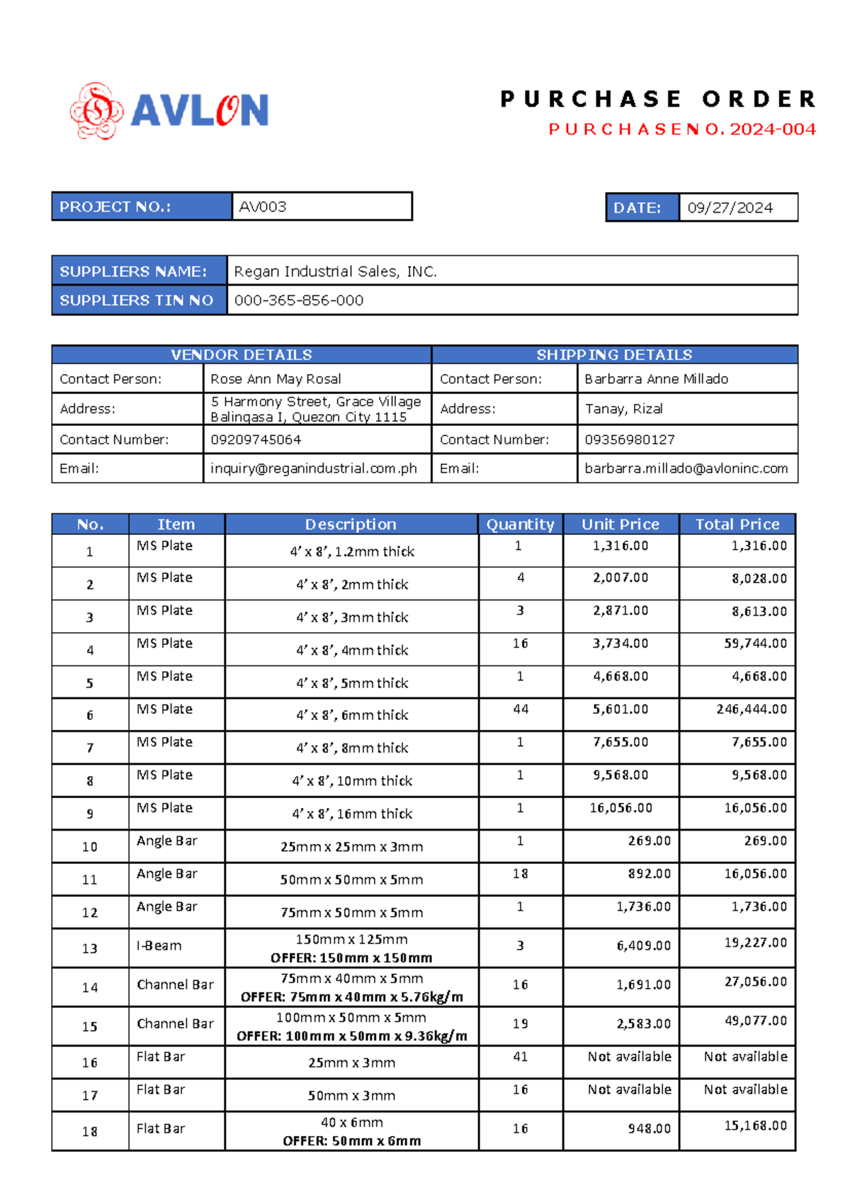 Sample Purchase Order - P U R C H A S E N O. 2024- 004 PROJECT NO.: AV ...