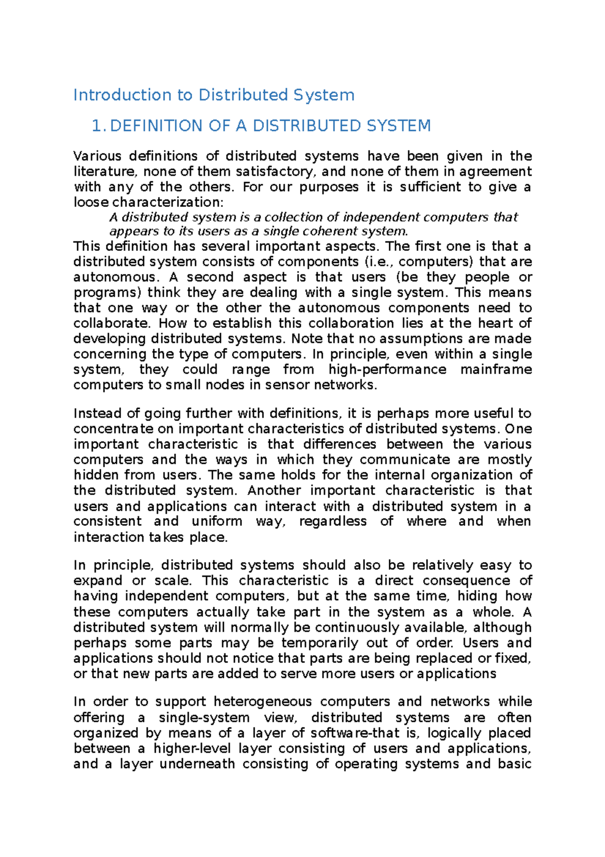Ch 01 Dist System Introduction to Distributed System 1. DEFINITION OF
