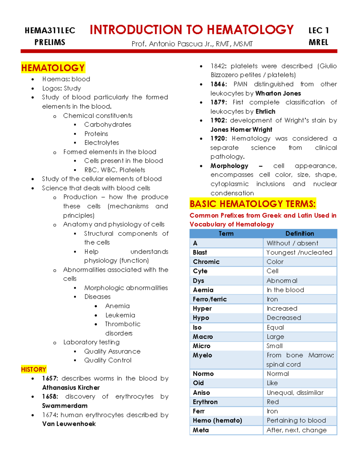 Introduction To Hematology - HEMA311LEC PRELIMS INTRODUCTION TO ...