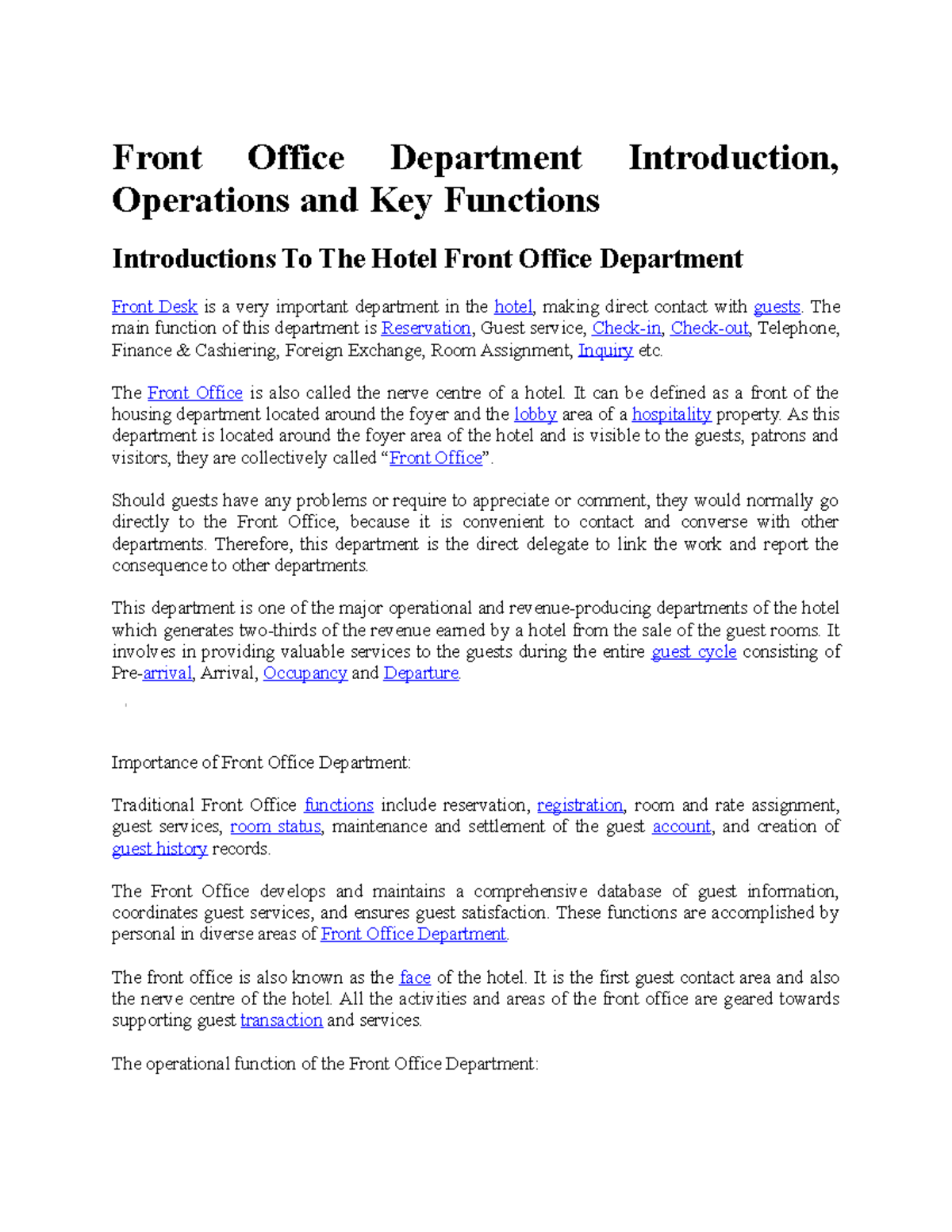 Front Office Department Introduction Front Office Department