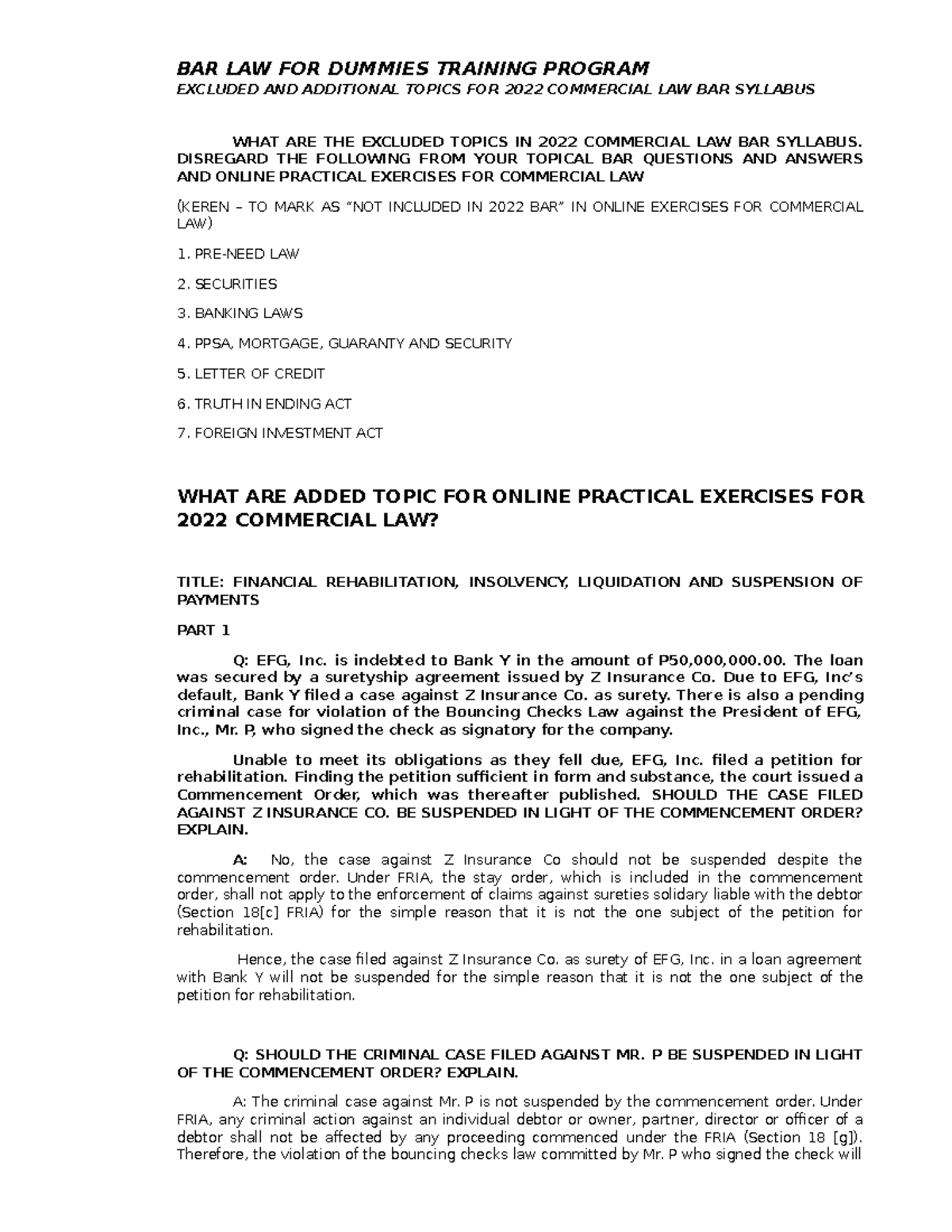 Additional excluded topics 2022 Commercial law bar syllabus BAR LAW