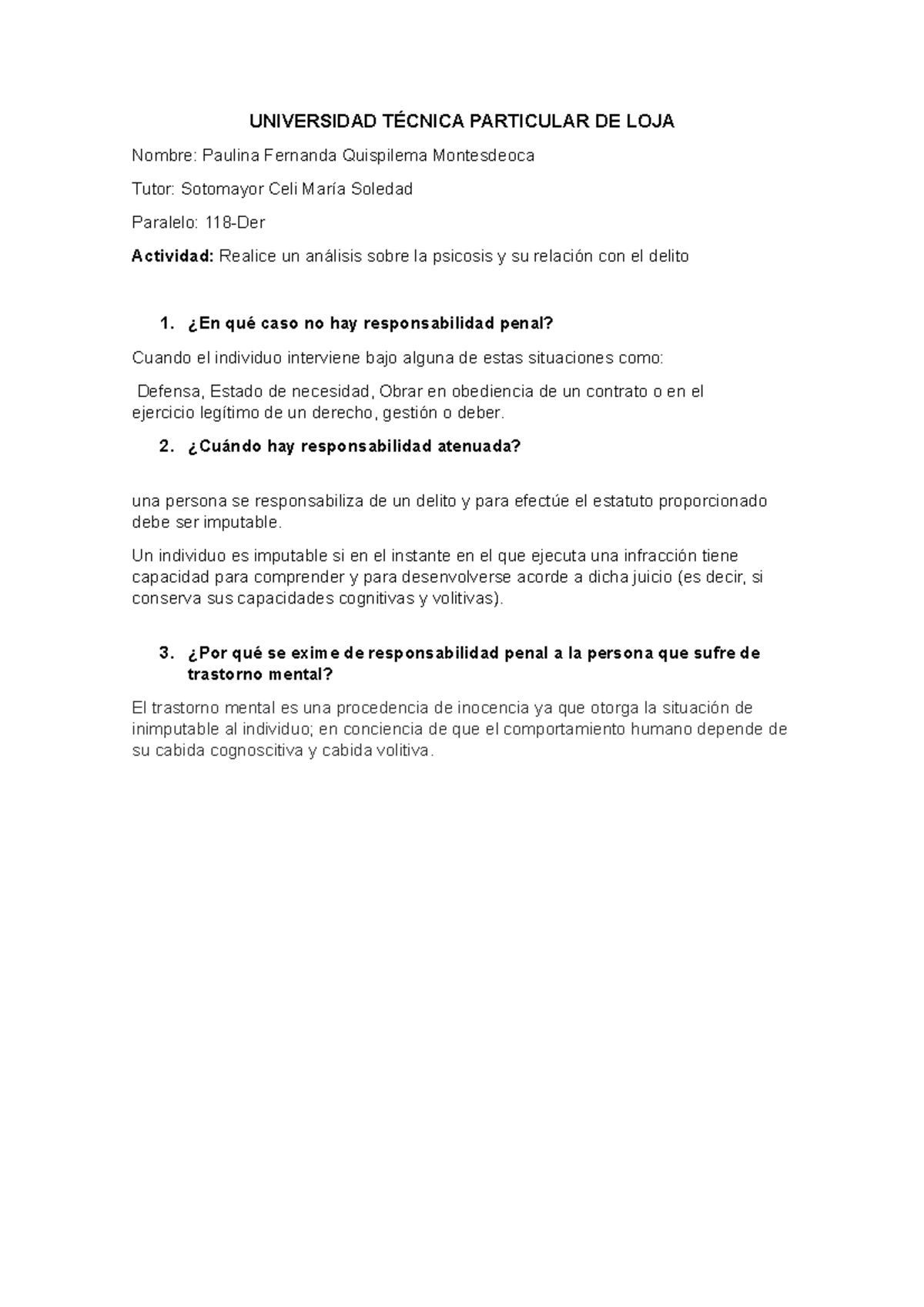 An Lisis Sobre La Psicosis Y Su Relaci N Con El Delito Universidad T Cnica Particular De Loja