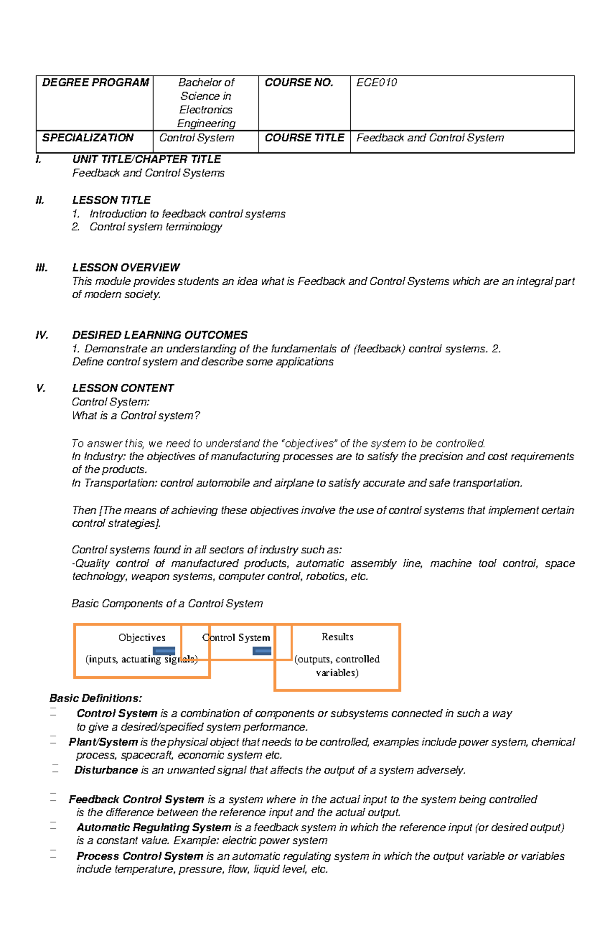 Introduction to feedback control systems and Control system terminology ...