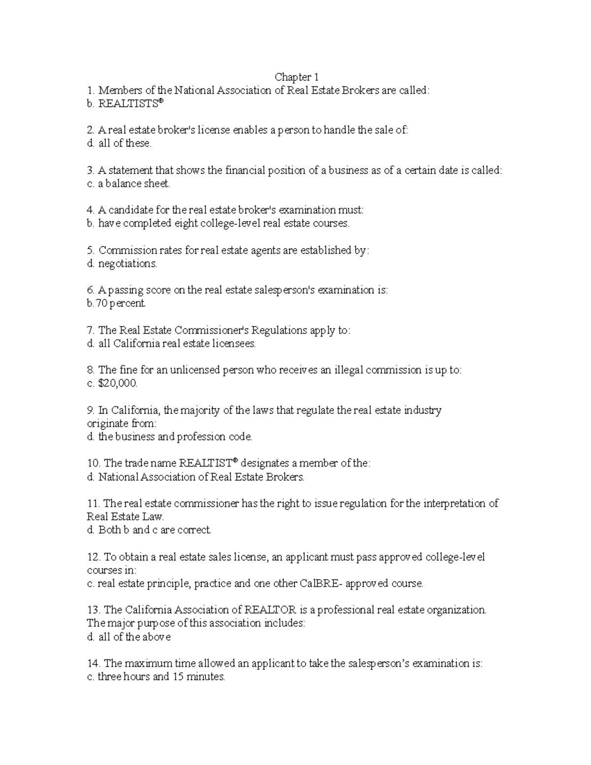 California Real Estate Principles Chapter 1 Quiz Answers