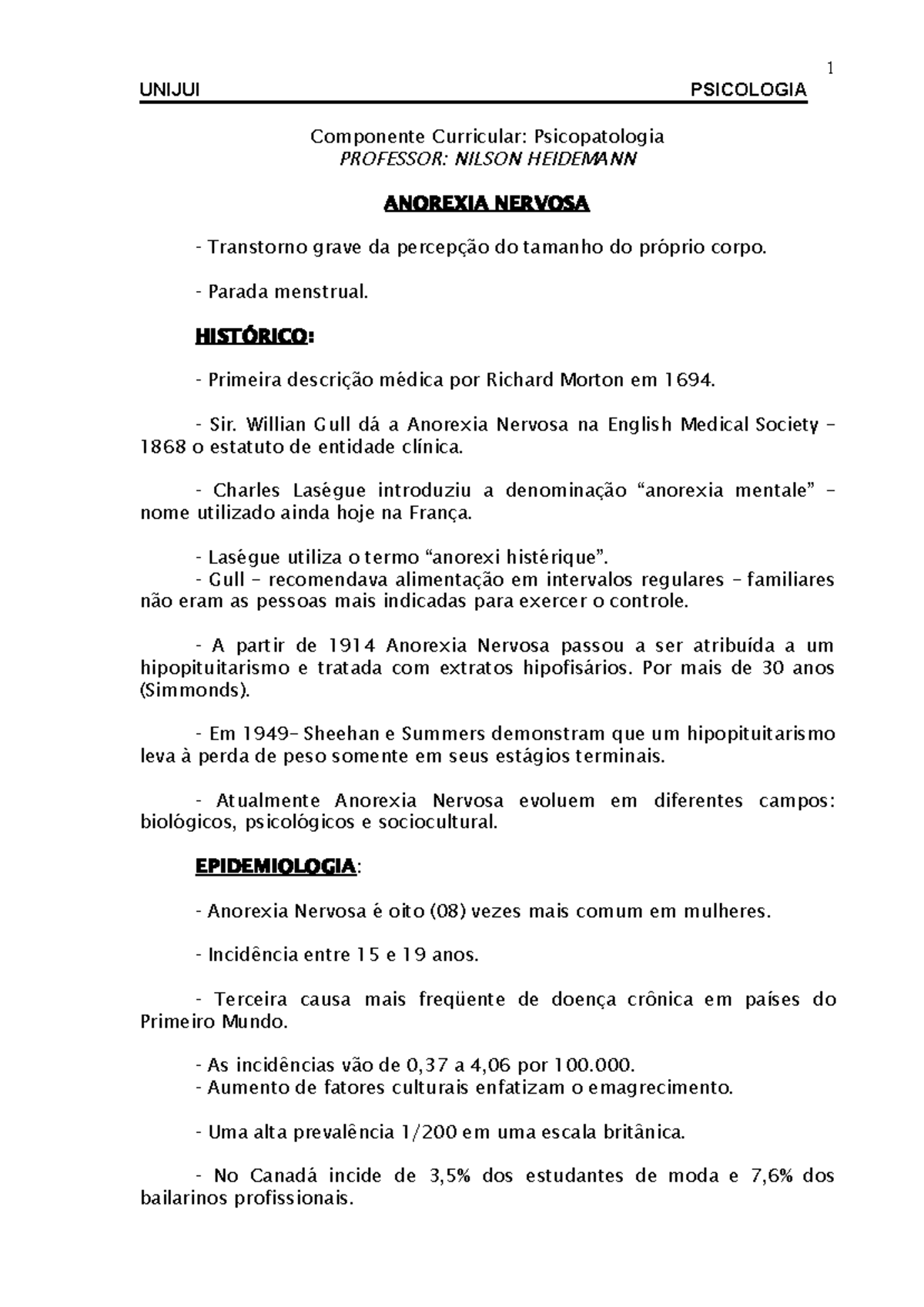 Anorexia Nervosa - Disciplina De Psicopatologia - UNIJUI PSICOLOGIA ...