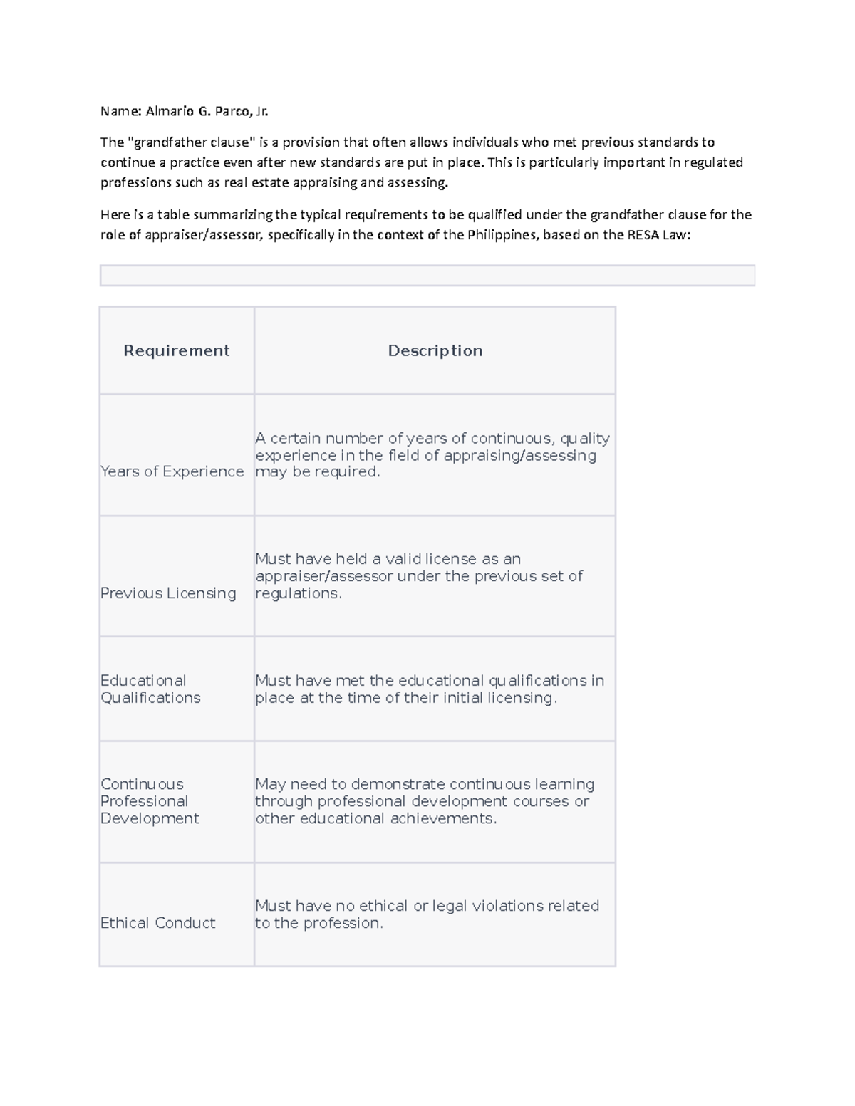 Assignment Grandfather Clause FOR Appraiser Assessor Name Almario G