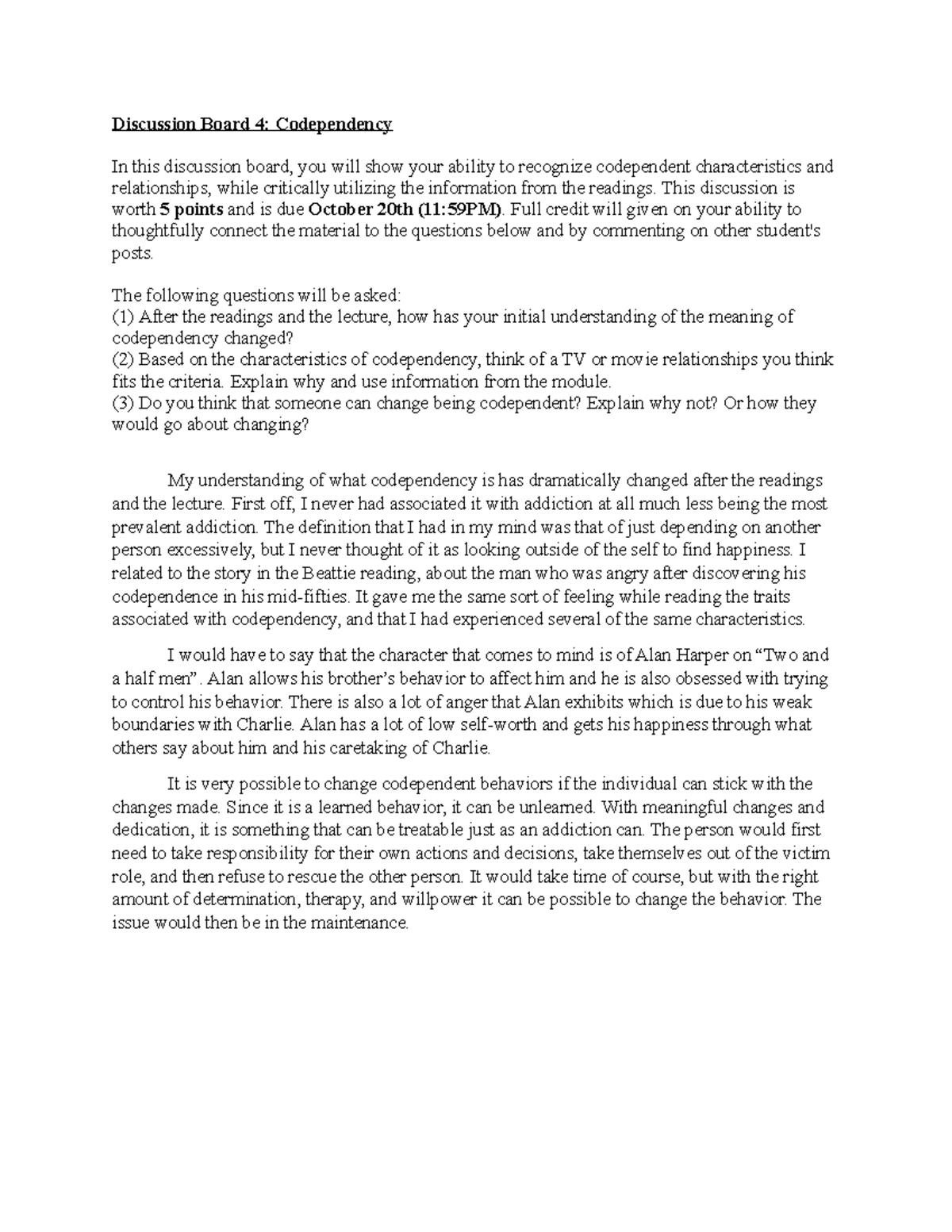 TTU ADRS 3329 Codependency Discussion Discussion Board 4