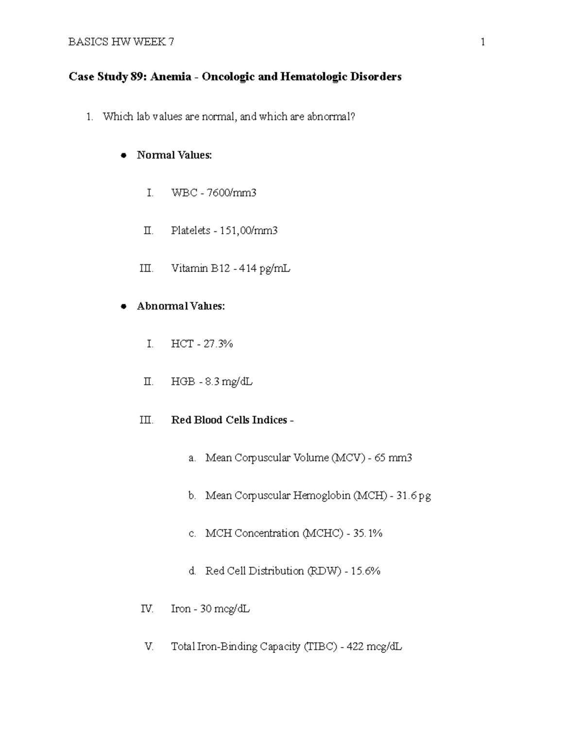 Basics Homework Week 7 Case Study 89 Anemia Oncologic and