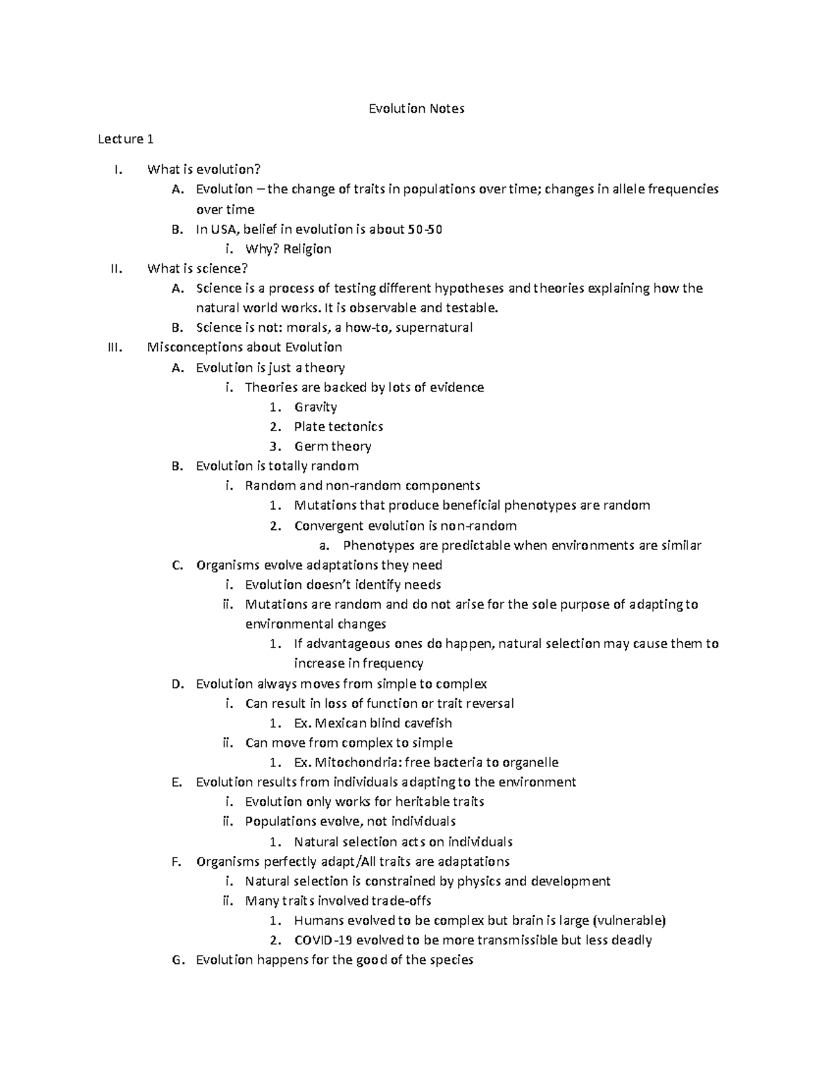 Evolution Notes Lecture 1-6 - Evolution Notes Lecture 1 I. What is ...