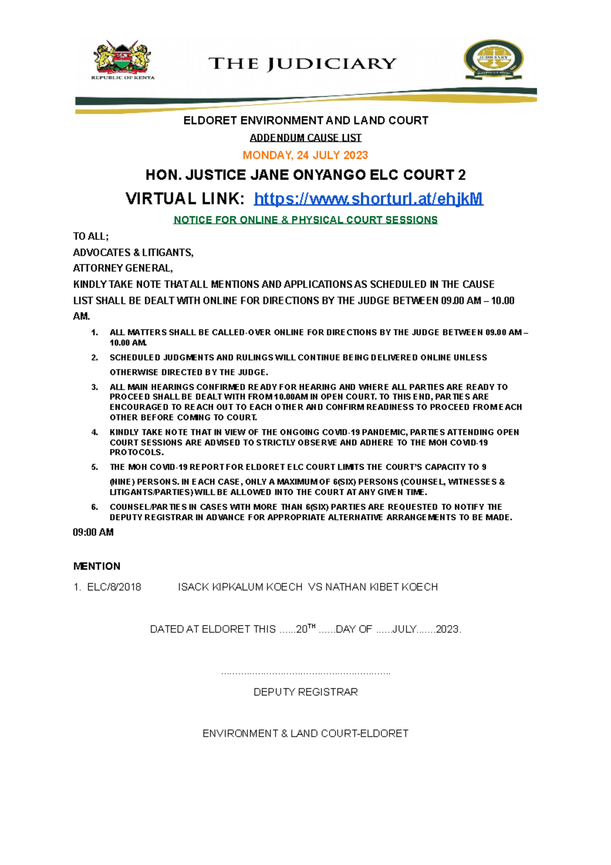 Eldoret Addendum Cause List for 24th - 27th July 23 - ELDORET ...