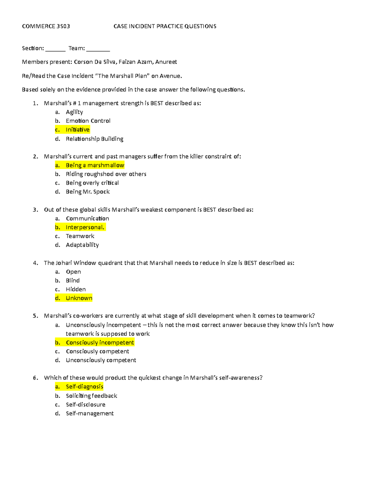 Marshall Plan F21 Practice Questions Answers - Commerce 3s03 Case 