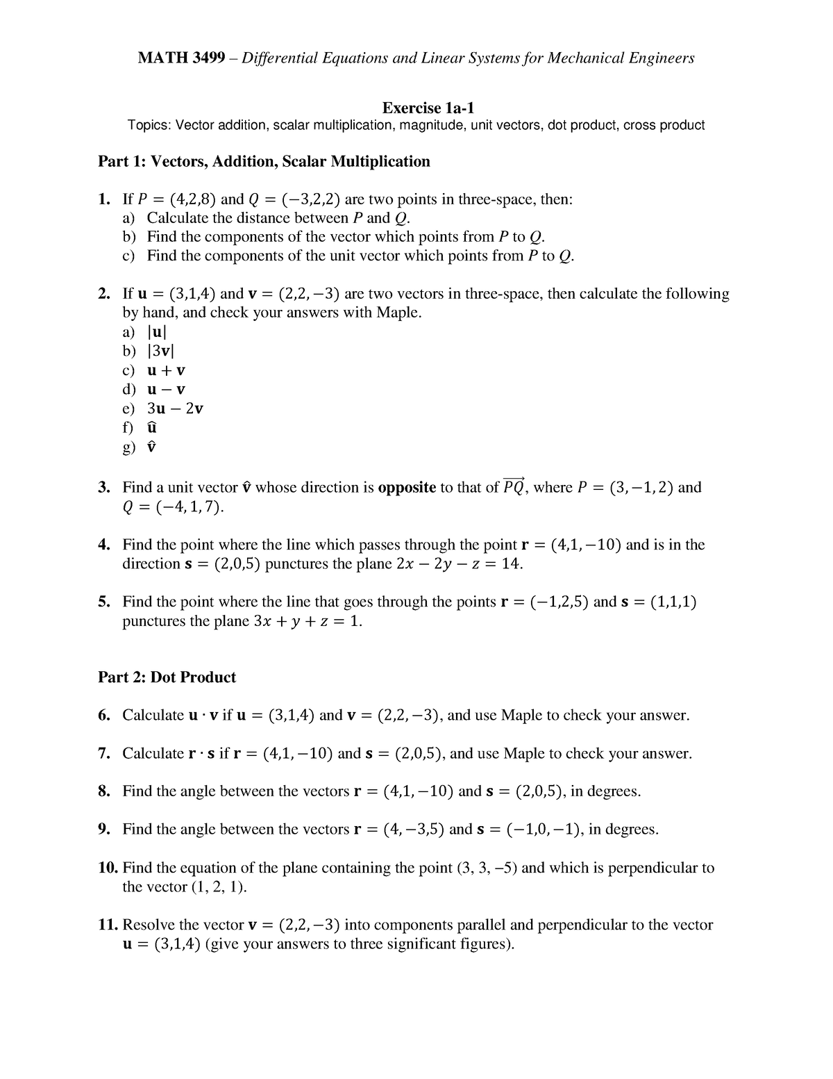 Exercise 1a 1 Vector Algebra Studocu