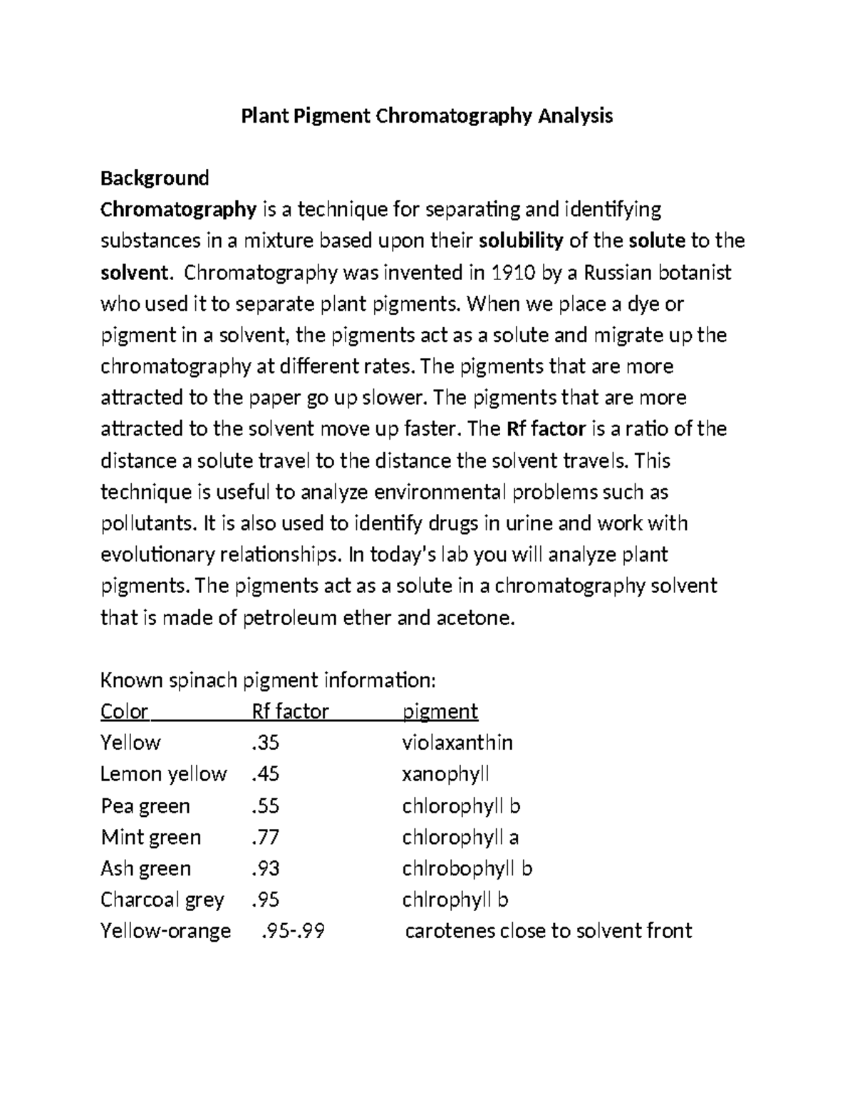 Chemistry chapter 2 plant pigment chromatography analysis - Plant ...