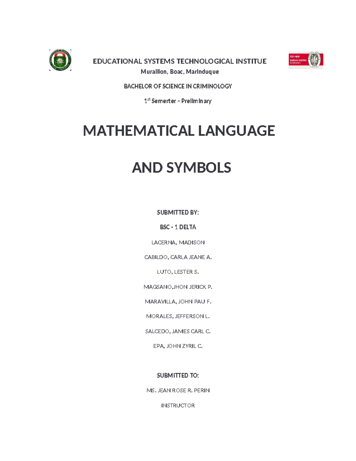 Meaning of Mathematical Language and Symbols - Group 4 - BSC -1 Delta ...