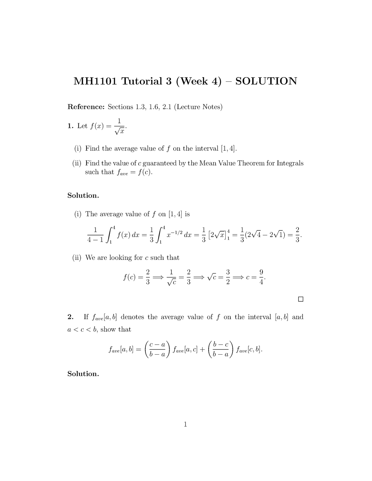 Tutorial 3 Solution - Calculus Assign - MH1101 Tutorial 3 (Week 4 ...